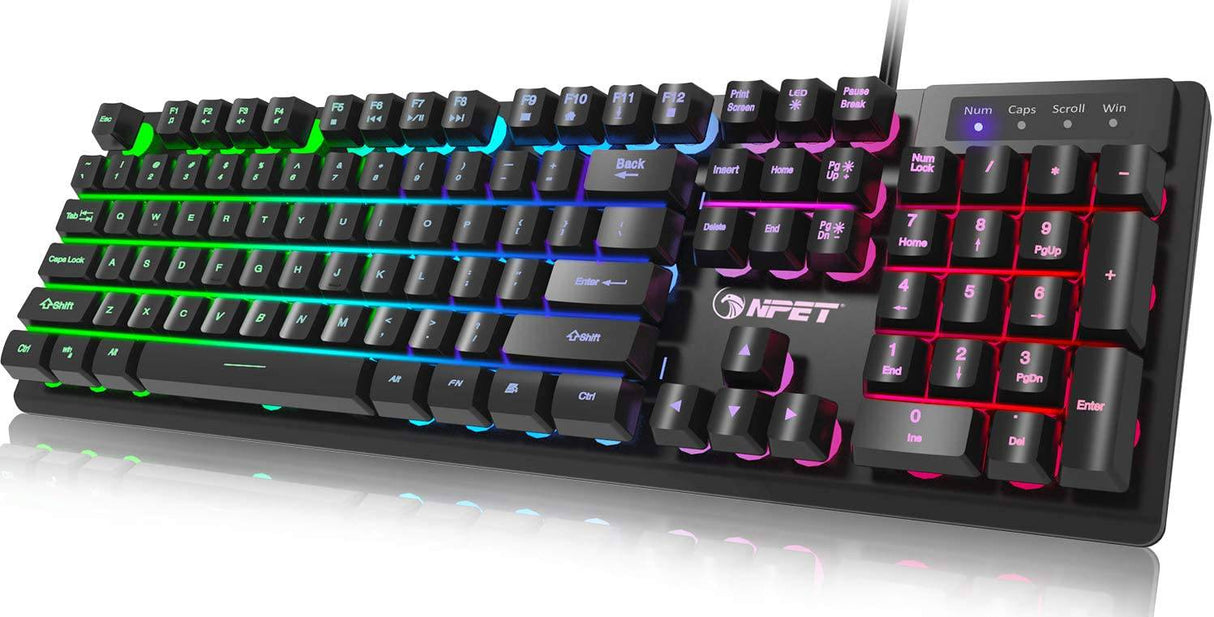 NPET K10 - Teclado para juegos, retroiluminación RGB, diseño resistente a derrames, teclas multimedia, teclado de membrana USB silencioso y silencioso para escritorio, computadora, PC (negro)