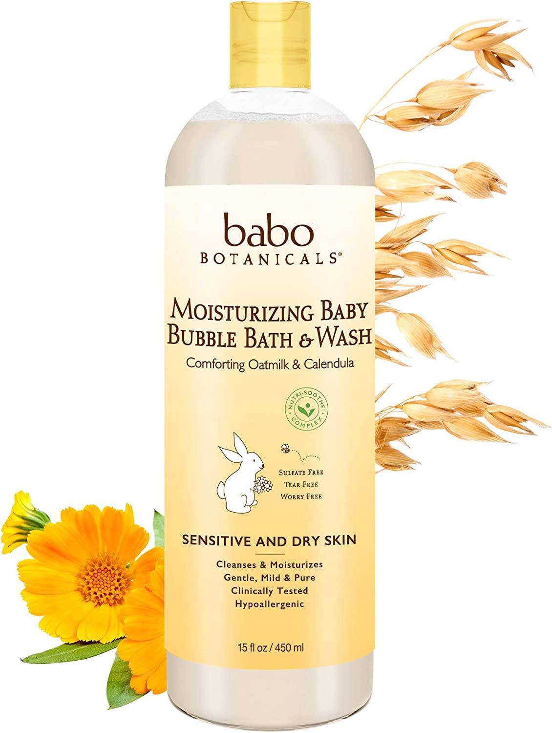 Babo Botanicals Baño y lavado de burbujas 2 en 1 hidratante a base de plantas - con caléndula orgánica y leche de avena natural - Para bebés, niños y adultos con piel sensible - Hipoalergénico y vegano - 15 oz