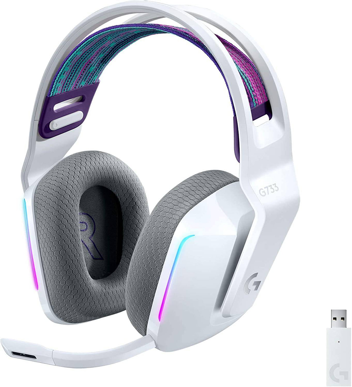 Logitech G733 LIGHTSPEED Auriculares inalámbricos para juegos con diadema de suspensión, LIGHTSYNC RGB, tecnología de micrófono Blue VO!CE y controladores de audio PRO-G - Blanco