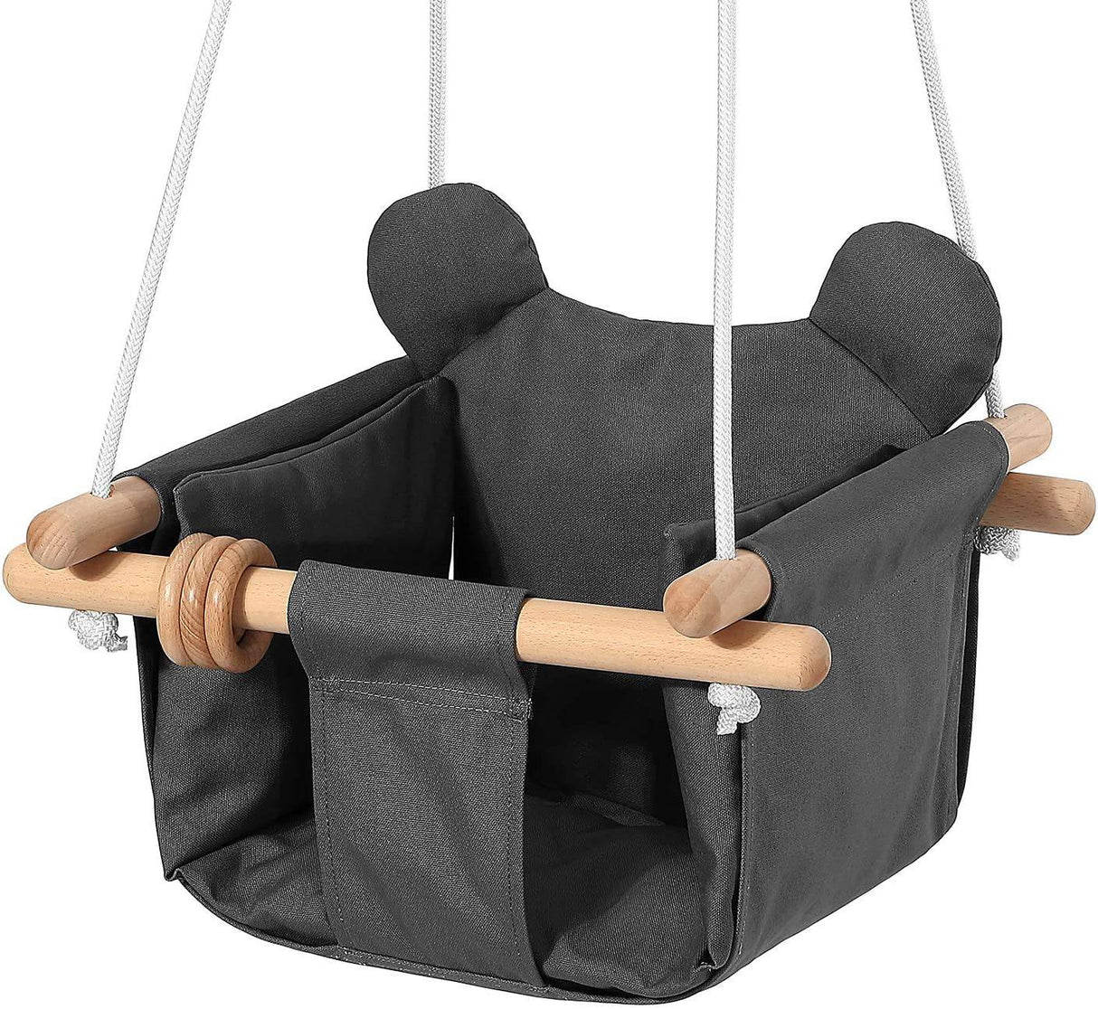 Milan Secure - Silla colgante de lona y madera para bebé, para interior y exterior, hamaca para patio trasero, columpio exterior, juguetes para niños, columpios de 6 a 36 meses con cojín decorativo para los oídos y anillo de madera natural, gris - DIGVICE MX