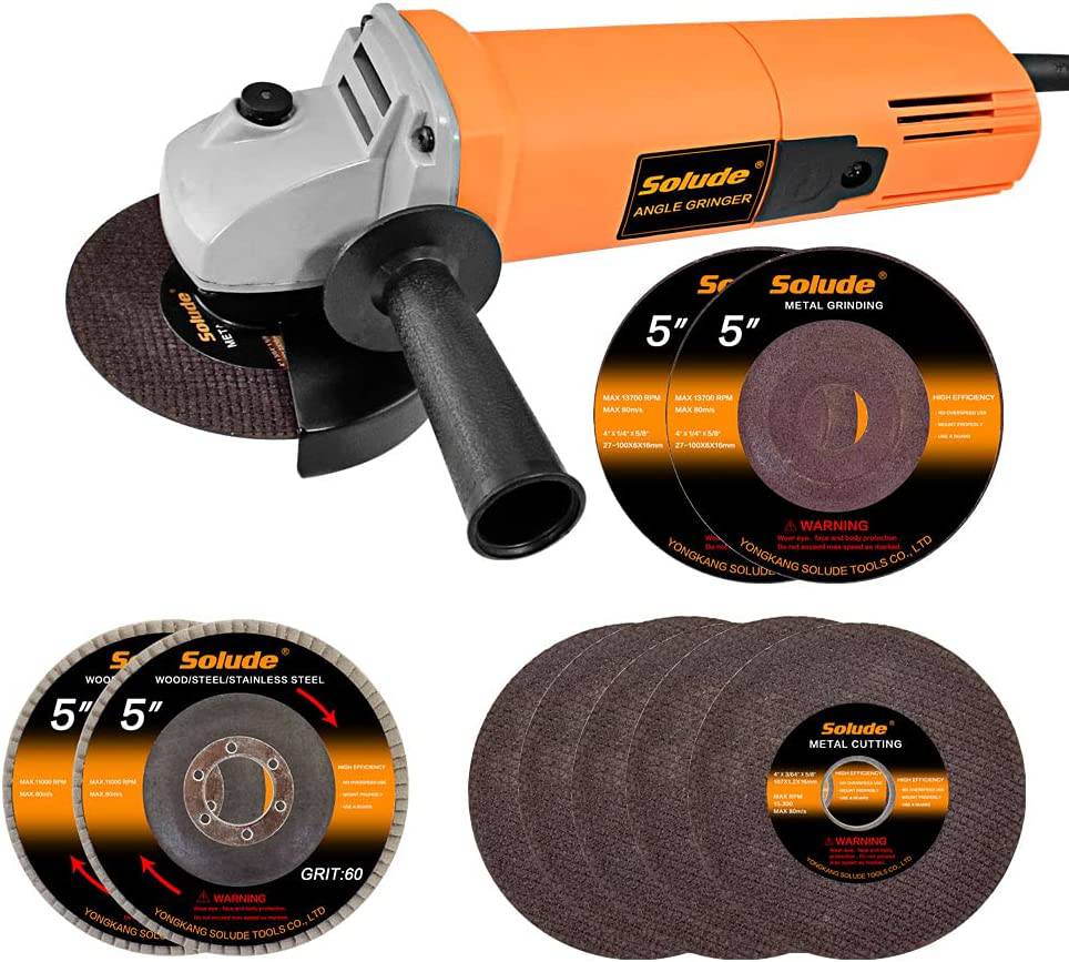 SOLUDE- Amoladora angular, herramienta de amoladora eléctrica de 5 pulgadas con 4 ruedas de molienda, 5 ruedas de corte y mango de 2 posiciones, amoladora de mano portátil para metal, madera, corte y molienda de azulejos - DIGVICE MX