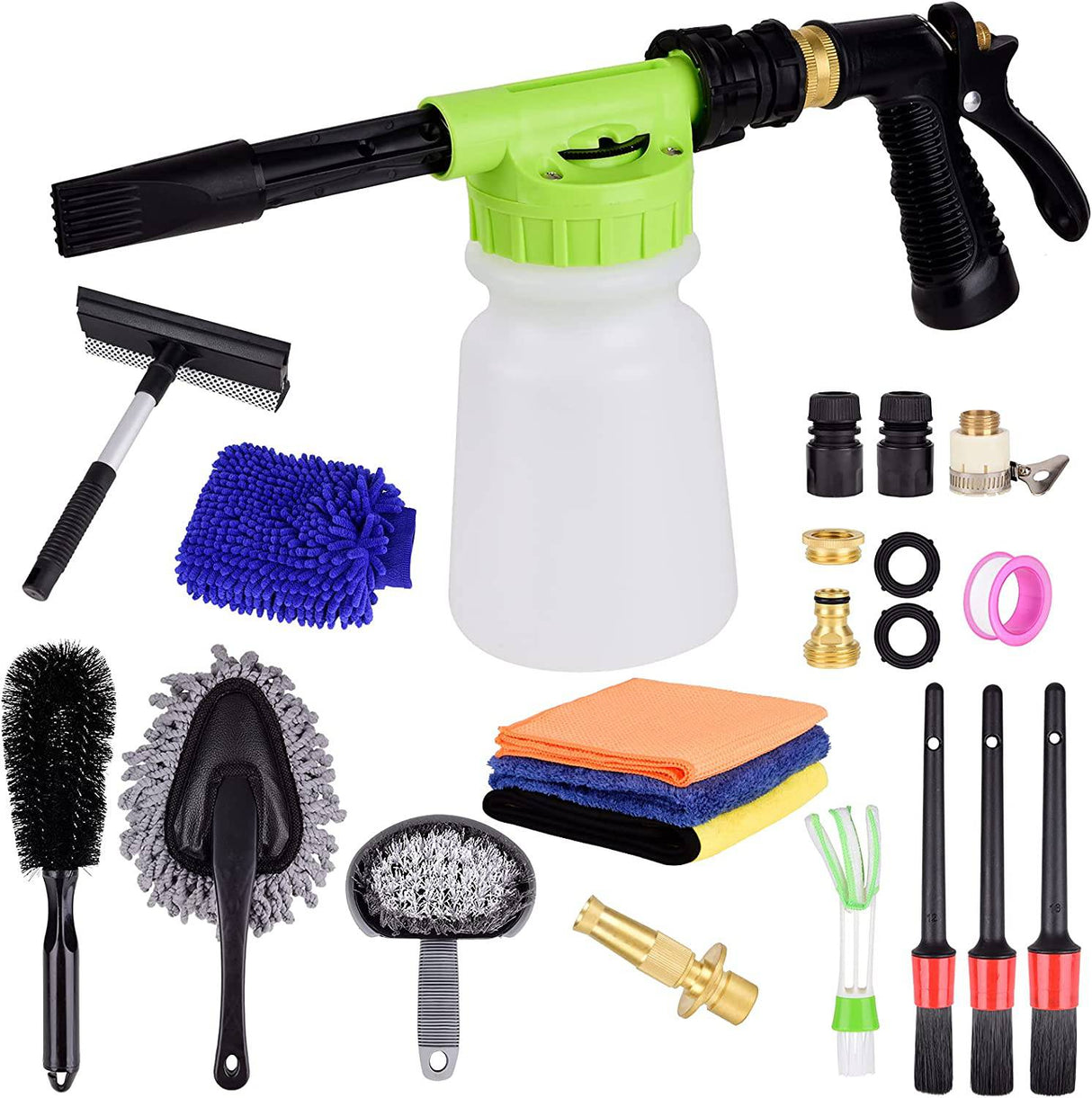 Fitosy Kit de lavado de autos con pistola de espuma, pistola de espuma de lavado de autos con toallas de microfibra, cepillo para ruedas de autos y guantes de microfibra para limpieza de autos,