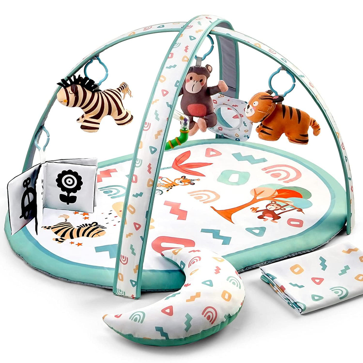 Kompoll Baby Play Gym 7 en 1 Baby Activity Gym Mat 0-12 meses con 2 fundas lavables con 6 juguetes antideslizante Playmat Baby Tummy Time Mat para exploración sensorial temprana y desarrollo de habilidades motoras (blanco) - DIGVICE MX