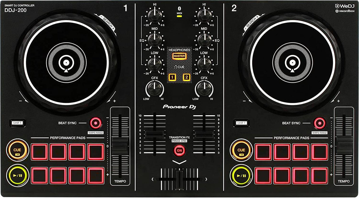 Pioneer DJ DDJ-200 - Controlador de DJ digital de 2 decks con conectividad USB/Bluetooth, aplicación WeDJ y 16 Performance Pads
