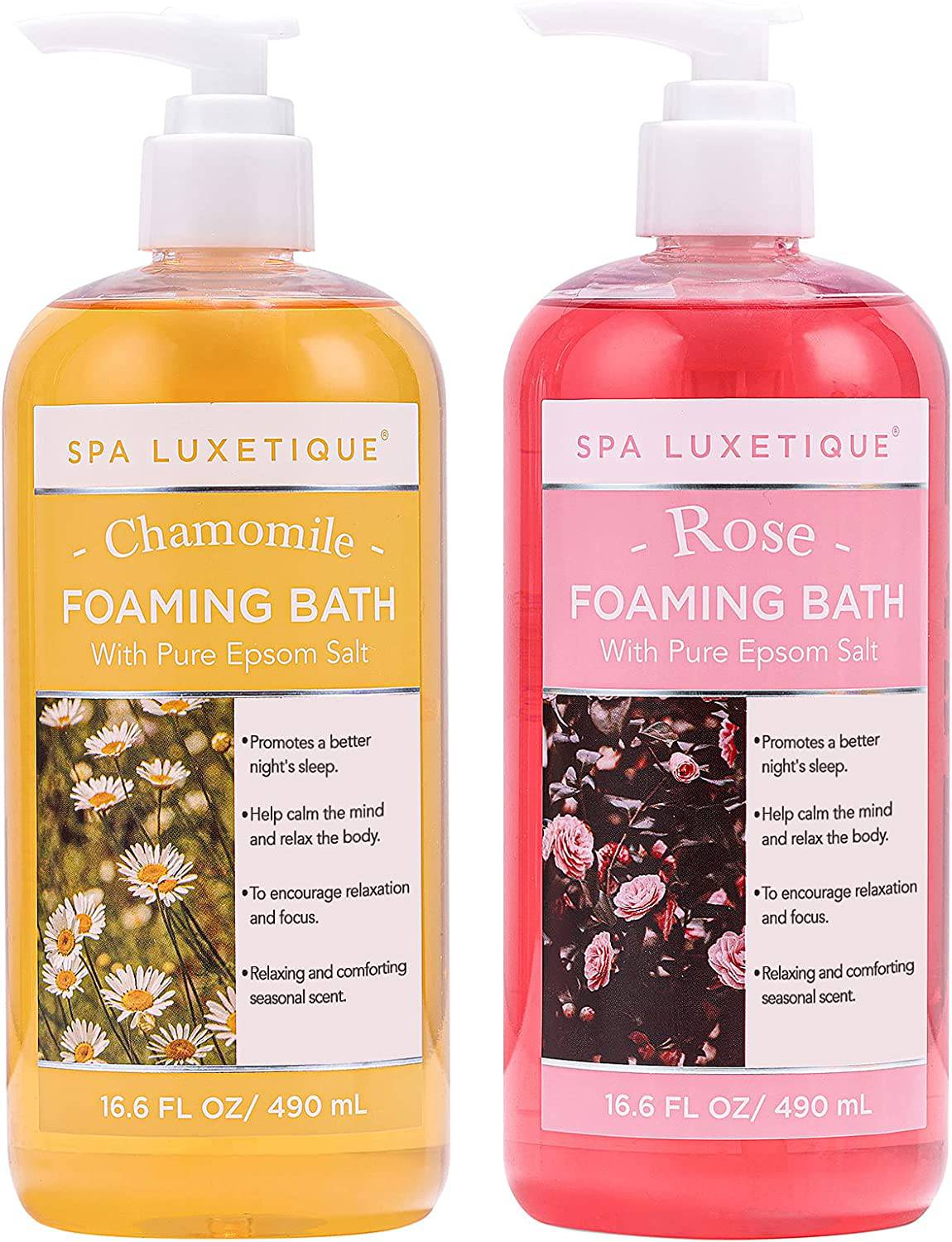 Spa Luxetique - Baño de burbujas con sal pura de Epsom, juegos de baño con aroma a rosa y manzanilla, regalo para el día de la madre, regalos de spa hidratantes y relajantes para mujeres, 33.2 oz (paquete de 2)