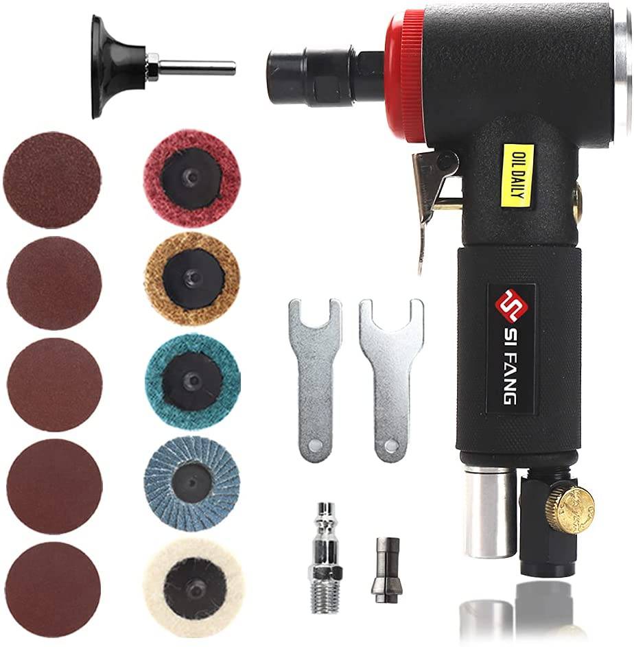 SI FANG Kit de 16 piezas de molinillo de aire, molinillo de ángulo recto con pinzas de 1/4" y 1/8" y 10 piezas de 2" de cambio rápido, juego de mezcla de discos de lijado de bloqueo de rollo, herramienta neumática de molienda de aire de 20.000 RPM (negro) - DIGVICE MX