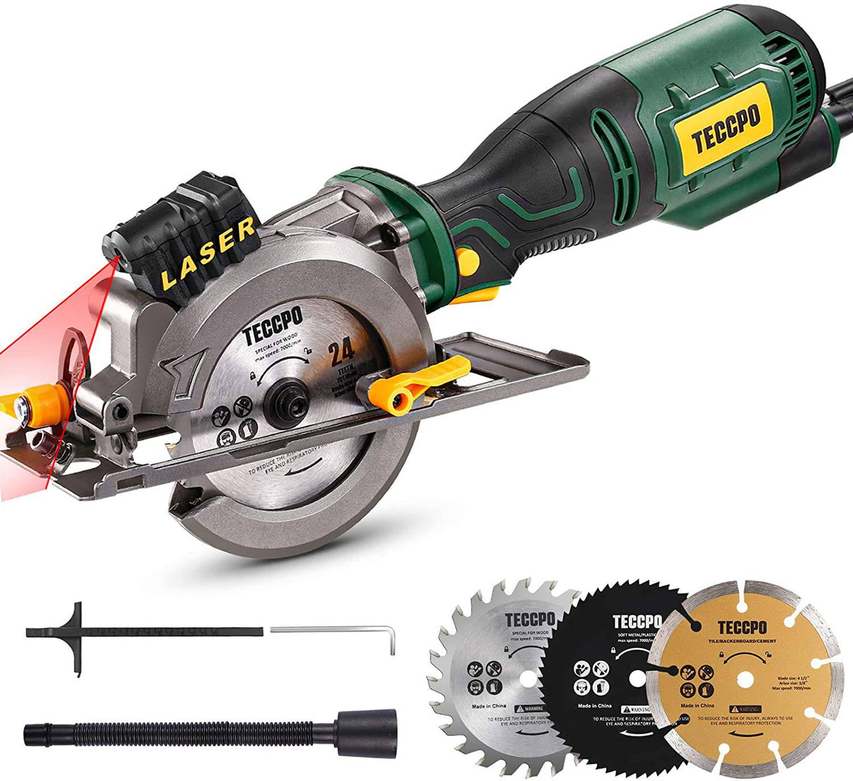 Minisierra circular, sierra circular TECCPO 5.8A con guía láser, motor de cobre fino, profundidad máxima de corte 1-11/16'' (90°), 1-1/8" (45°), 3 hojas para madera, metal blando , cortes de azulejos - TPMS115A - DIGVICE MX