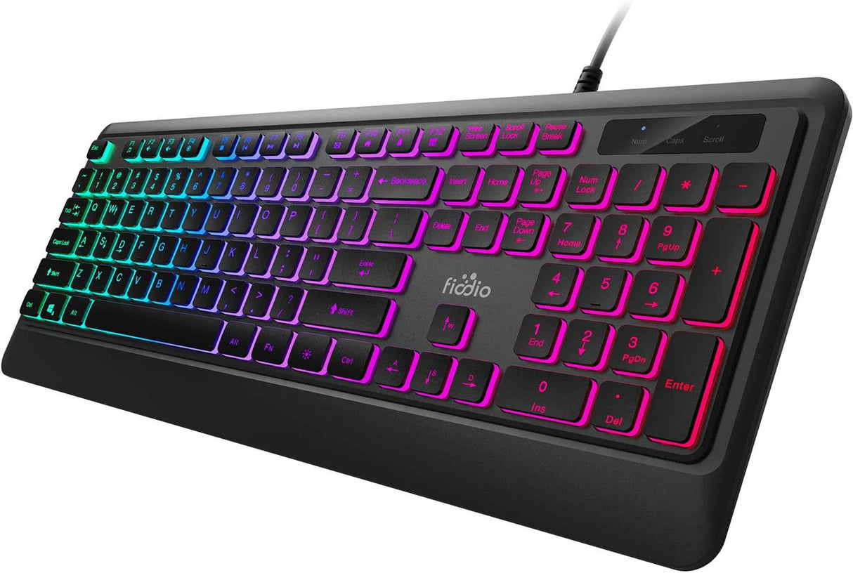 Fiodio Rainbow Membrane Gaming Keyboard, Silent Wired Computer Keyboard, 104 Silent Keys, 26 Anti-Ghosting Keys, Resistente a derrames, Control multimedia para PC y escritorio