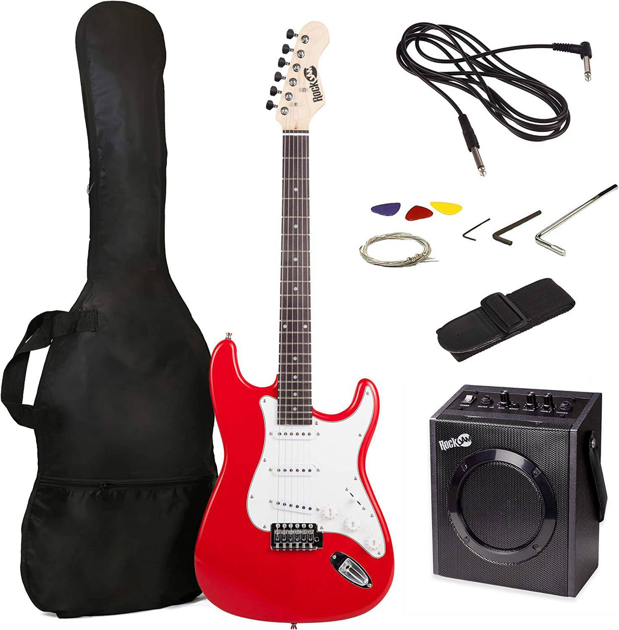 RockJam Superkit de guitarra eléctrica con amplificador de 10 vatios, estuche, púas y lecciones en línea Paquete de 6 cuerdas, derecho, rojo, completo (RJEG03-SK-RD)