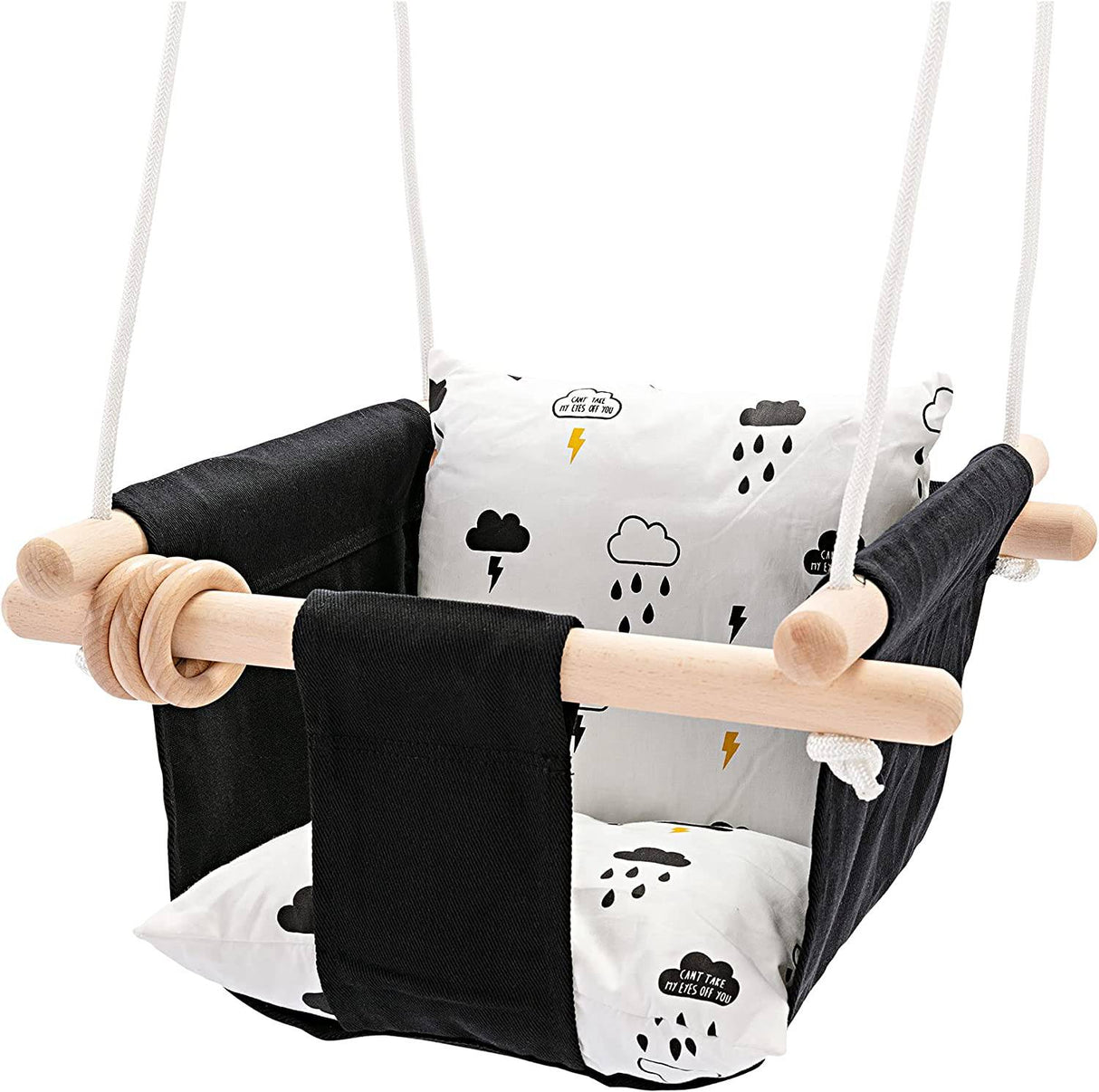 Milan Secure Canvas and Wooden Baby - Columpio exterior Juguetes para niños Columpios 6-36 meses con anillo de madera natural y cojín de nube, blanco y negro - DIGVICE MX