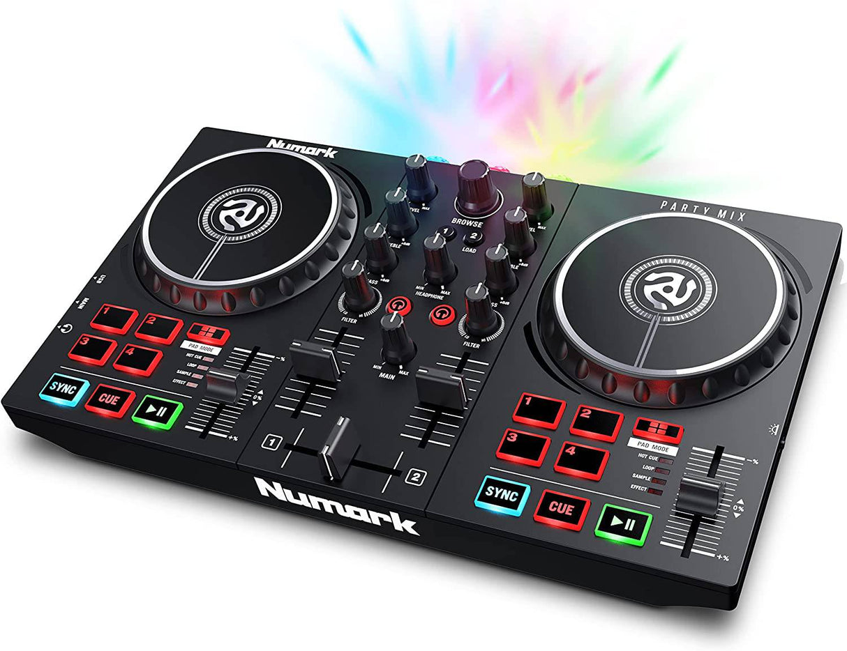 Numark Party Mix II - Controlador de DJ con luces de fiesta, set de DJ con 2 decks, mezclador de DJ, interfaz de audio y conectividad USB + Serato DJ Lite