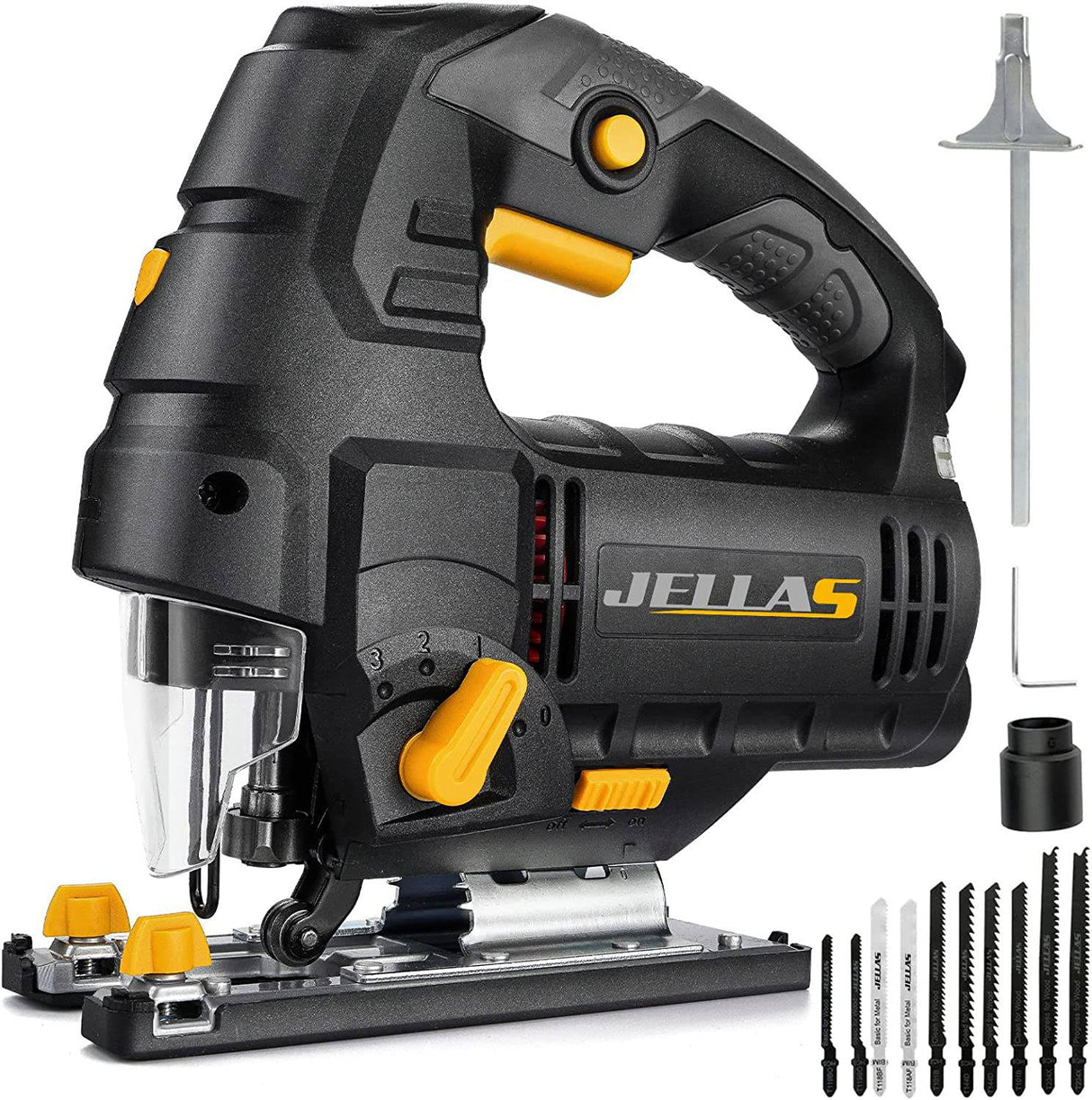 Jellas Sierra Caladora eléctrica de 6,7 amperios con luz LED, 10 hojas, sierra caladora de 800-3000 SPM, 6 velocidades variables, corte biselado de 0°-45°, 4 juegos orbitales, cable de CA de 3M - DIGVICE MX