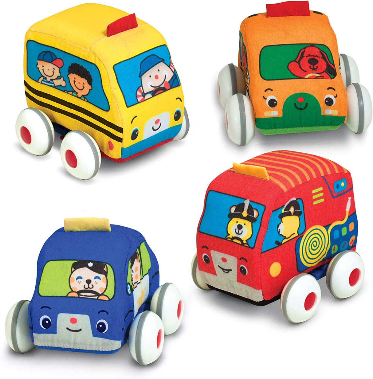 Melissa & Doug K's Kids Pull-Back Vehicle Set - Juego de juguetes suaves para bebés con 4 autos y camiones y estuche de transporte - 9168