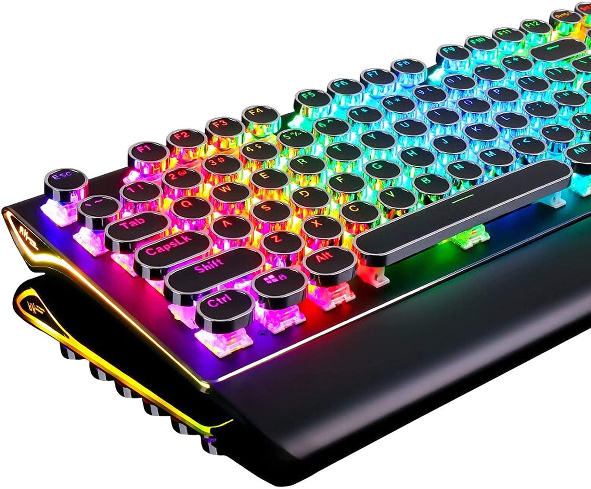 RK ROYAL KLUDGE Teclado mecánico para juegos estilo máquina de escribir con verdadero RGB retroiluminado Reposamuñecas plegable Interruptor azul de 108 teclas Tecla redonda retro - Negro
