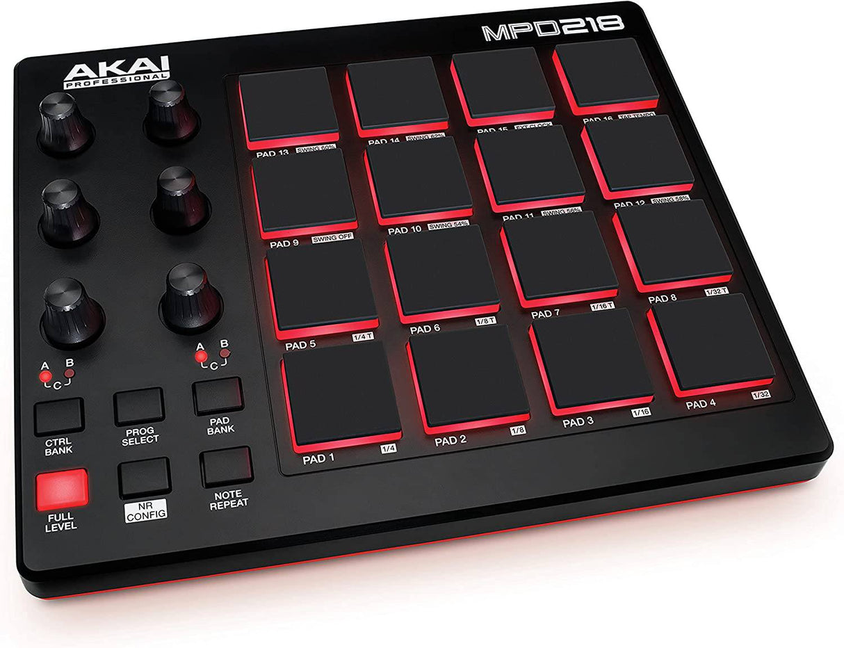 AKAI Professional MPD218 - Controlador MIDI USB con 16 pads de batería MPC, 6 perillas asignables, botones de nivel completo y repetición de notas y software de producción