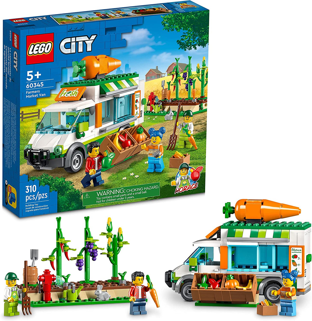 LEGO City Farmers Market Van 60345 Juego de juguetes de construcción para niños, niños y niñas a partir de 5 años Juego de tienda de granja móvil con 3 minifiguras (310 piezas)