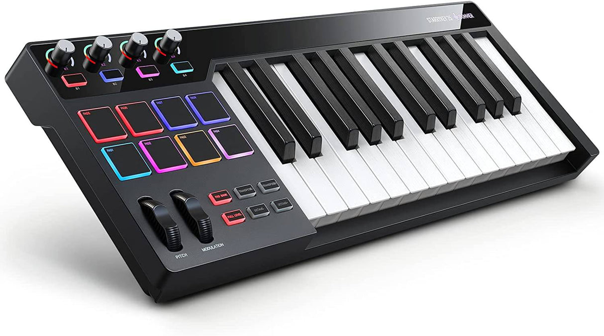 Donner STARRYKEY Teclado MIDI Controlador MIDI, 25 teclas de tamaño completo, efecto de iluminación de 7 colores, 8 almohadillas retroiluminadas sensibles a la velocidad con 24 tonos personalizados seleccionables, con salida MIDI e interfaz de pedal