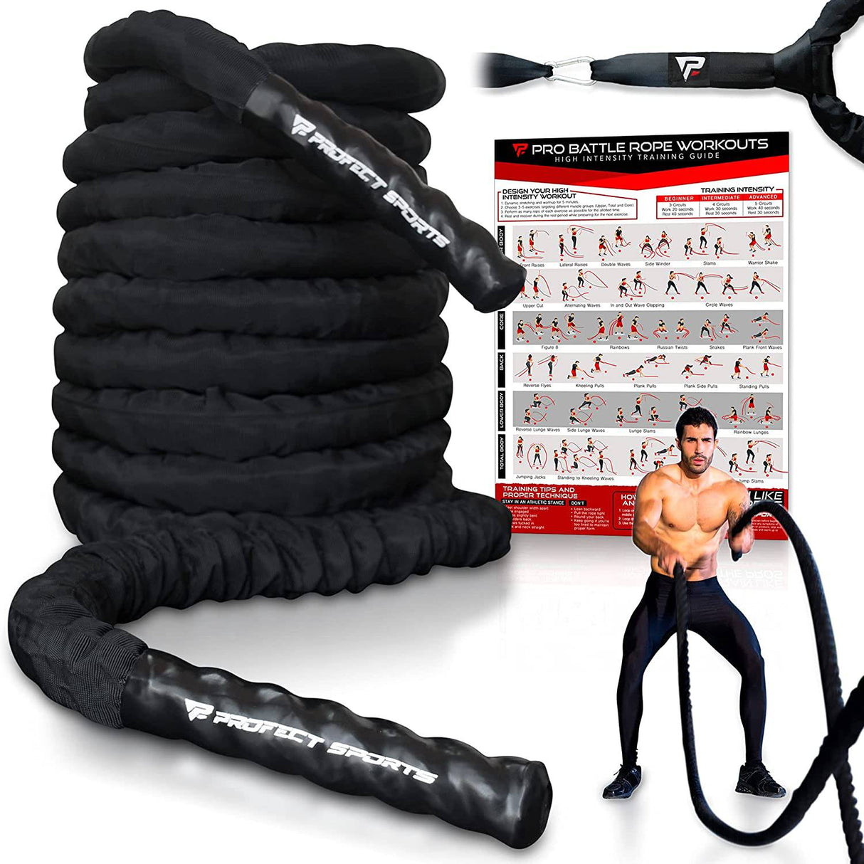 Profect Sports - Pro Battle Ropes con kit de correa de anclaje y póster de ejercicio - Funda protectora duradera mejorada - Cuerda de batalla pesada 100% Poly Dacron para entrenamiento de fuerza, cardio, crossfit, cuerda de ejercicio