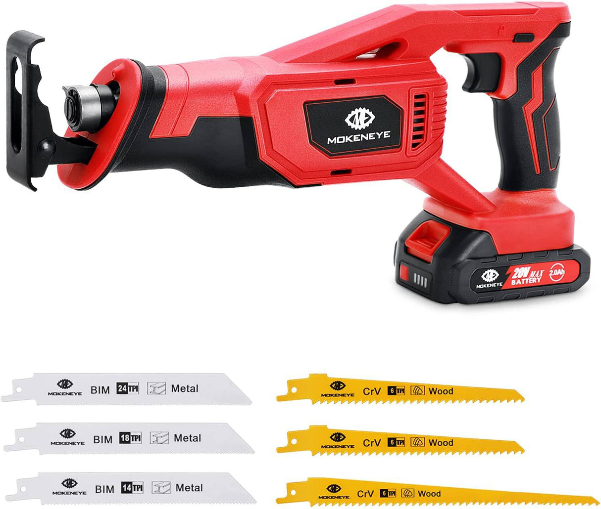 MOKENEYE Sierra alternativa inalámbrica de tamaño completo de 20 V con 3000 SPM, sierra de podar, zapata de pivote retráctil, longitud de carrera de 1 pulgada, batería y cargador, 6 hojas de sierra para corte de madera y metal - DIGVICE MX