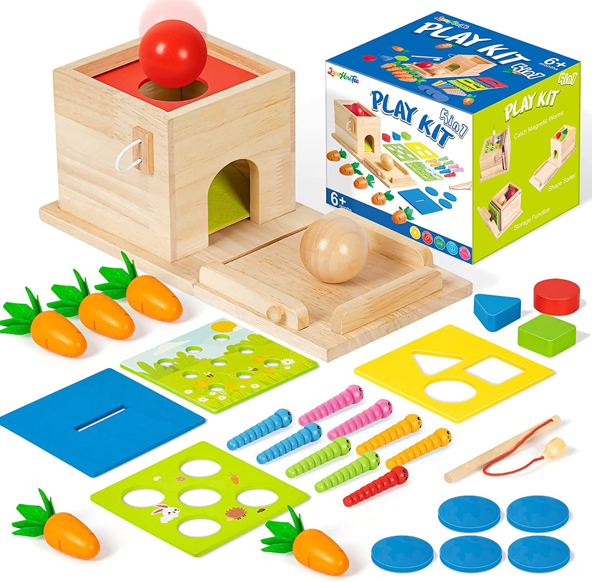 LACCHOUFEE - Kit de juego de madera 5 en 1 Juguete Montessori - Caja de permanencia de objetos, Caja de monedas, Cosecha de zanahorias, Captura de gusanos, Clasificador de formas - B0B1MMTKTK