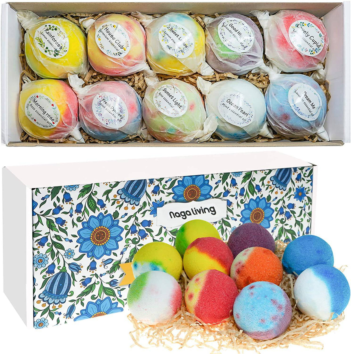 Nagaliving - Set de regalo de bombas de baño, 10 bombas de baño de burbujas orgánicas, maravilloso efecto efervescente