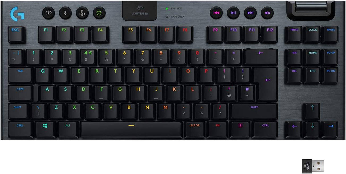Logitech G915 TKL Tenkeyless Lightspeed Wireless RGB Teclado mecánico para juegos, opciones de interruptor de perfil bajo, LIGHTSYNC RGB, soporte inalámbrico avanzado y Bluetooth - Clicky, negro