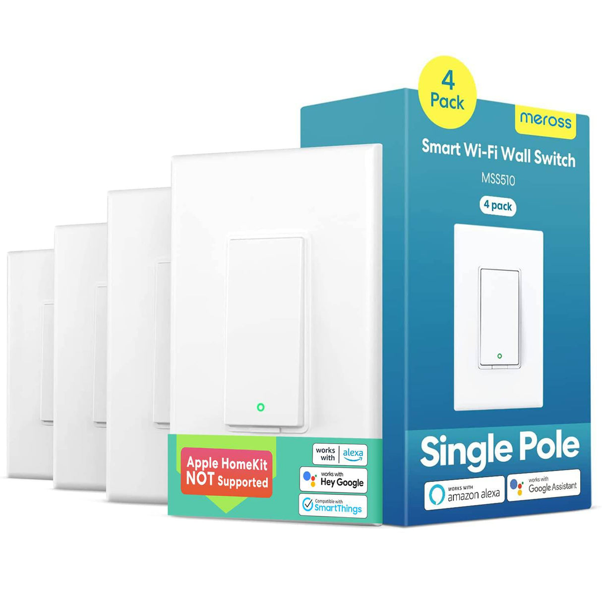 MEROSS Interruptor de luz inteligente meross compatible con Alexa, Google Assistant y SmartThings, necesita cable neutro, interruptor de pared WiFi de un solo polo, control remoto, horarios, no necesita concentrador, solo WiFi de 2,4 G, paquete de 4 - DIGVICE MX