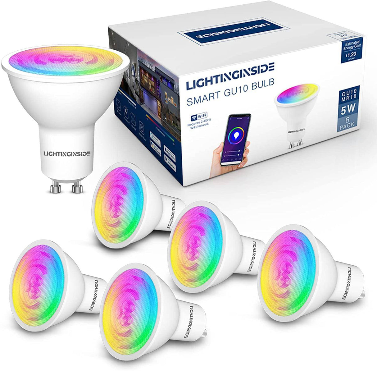 LIGHTINGINSIDE - Bombilla inteligente GU10, ángulo de haz de 38°, WiFi 2700-6500K+RGB bombilla LED que cambia de color funciona con Alexa y Google Home, equivalente a 50 W 5 W 420 lm, bombilla de luz de pista regulable, 6 unidades (paquete de 1) - DIGVICE MX
