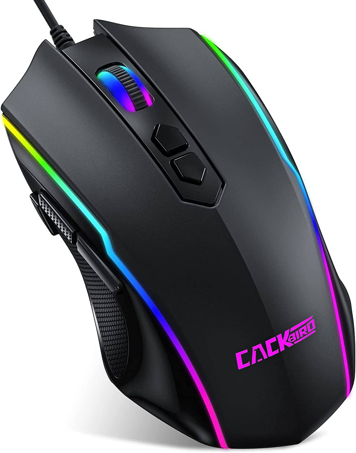 Cackbird Ratón para juegos RGB con cable, ratón para juegos de PC con 8 botones programables, retroiluminación Chroma RGB, 7200 DPI ajustable, empuñaduras laterales de goma, memoria integrada, ratón ergonómico USB
