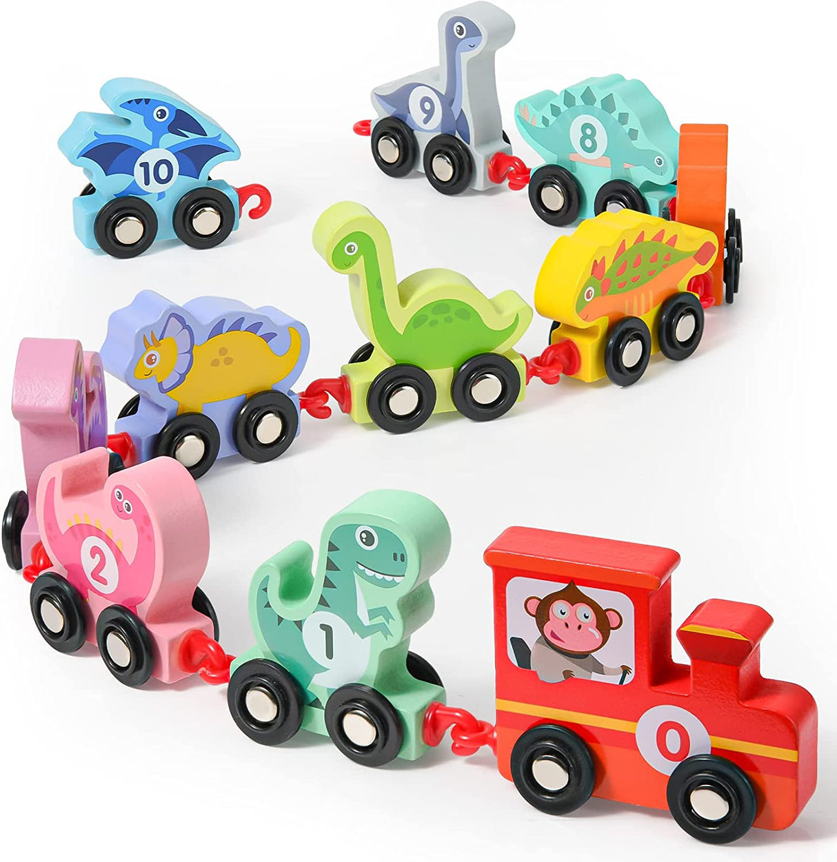 Atoylink Juego de tren de dinosaurio de madera con números Montessori Juguetes educativos de aprendizaje - B0B1LSSWQV