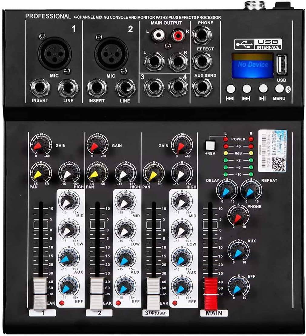 Depusheng HT4 Consola de DJ digital portátil profesional compatible con Bluetooth con mezclador de 4 canales USB Placas de mezcla de interfaz de audio para grabación de estudio, negro