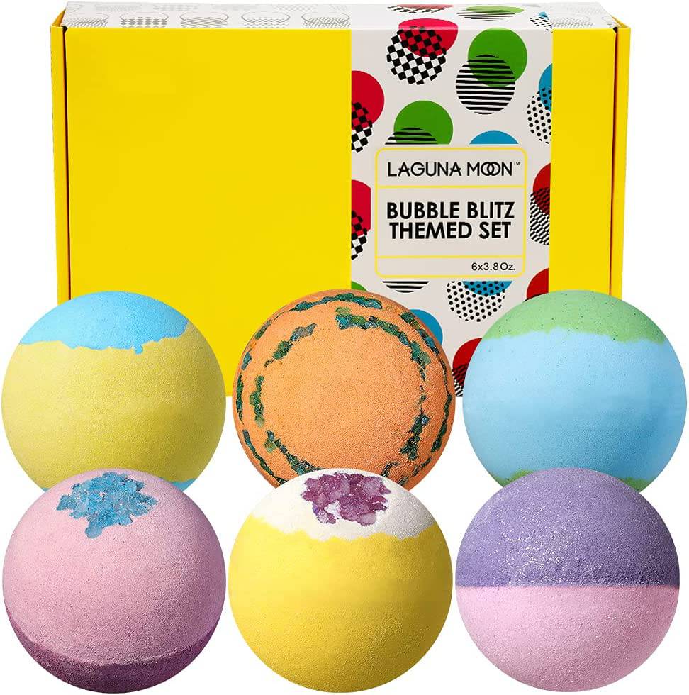 Lagunamoon - Set de regalo de bombas de baño - 6 bombas de ducha gaseosas orgánicas XXL hechas a mano con aceites esenciales + aceite de coco para hidratar la piel seca