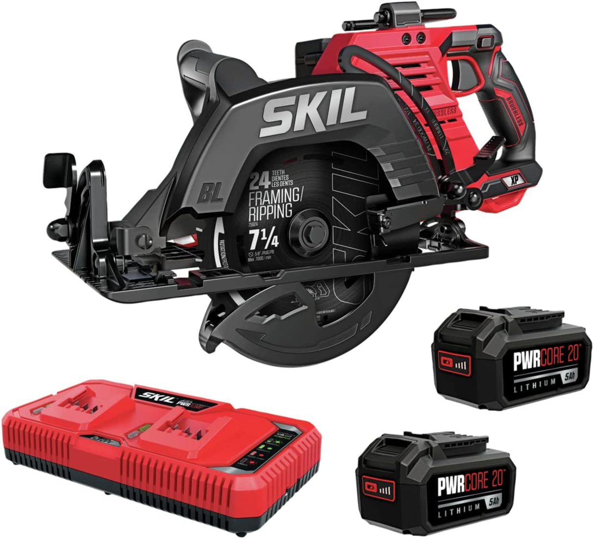 SKIL 2x20V PWR CORE 20 XP Kit de sierra circular con mango trasero sin escobillas de 7-1/4" Incluye dos baterías de 5.0Ah y cargador de dos puertos Auto PWR JUMP-CR5429B-20, rojo - DIGVICE MX