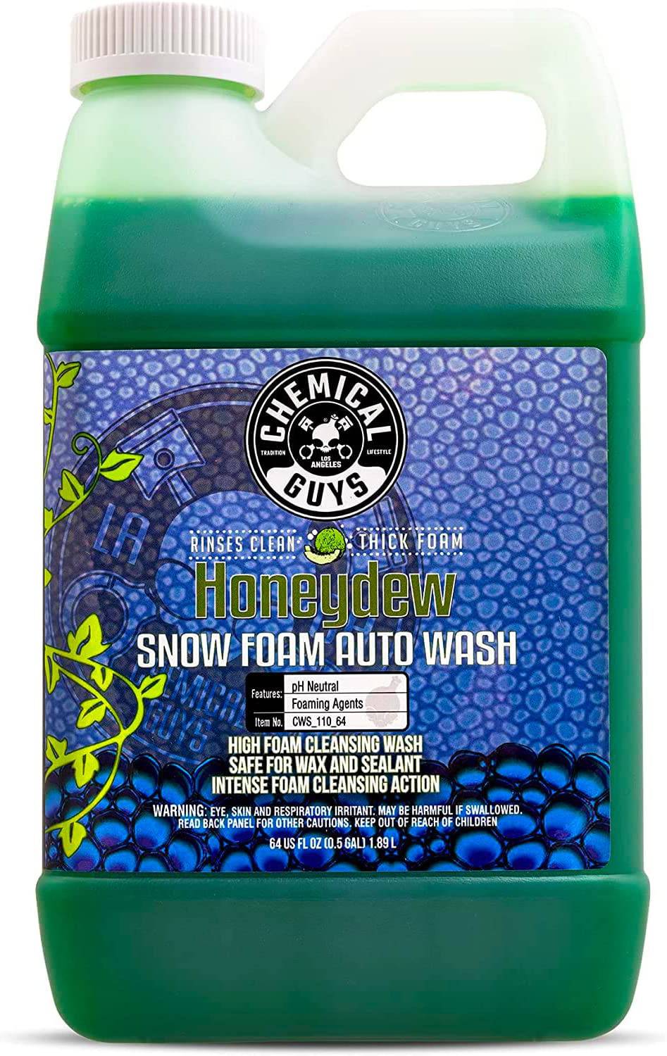 Chemical Guys CWS_110_64 Jabón de lavado de autos de espuma de nieve Honeydew (funciona con cañones de espuma, pistolas de espuma o lavados de cubos) 64 fl oz (medio galón), aroma de Honeydew