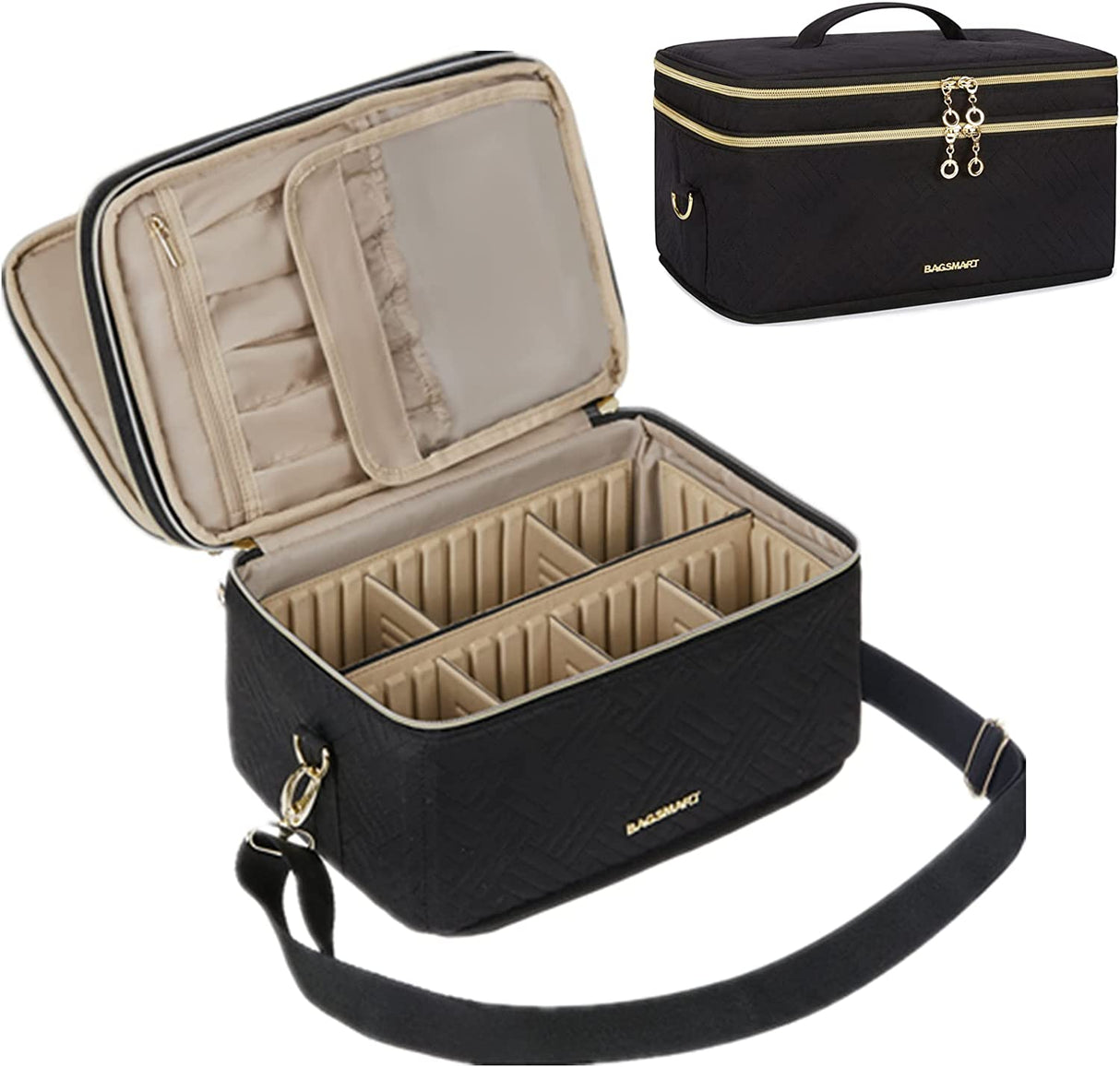 BAGSMART - Bolsa de maquillaje mediana, Organizador de bolsas de maquillaje grande de doble capa cosmética