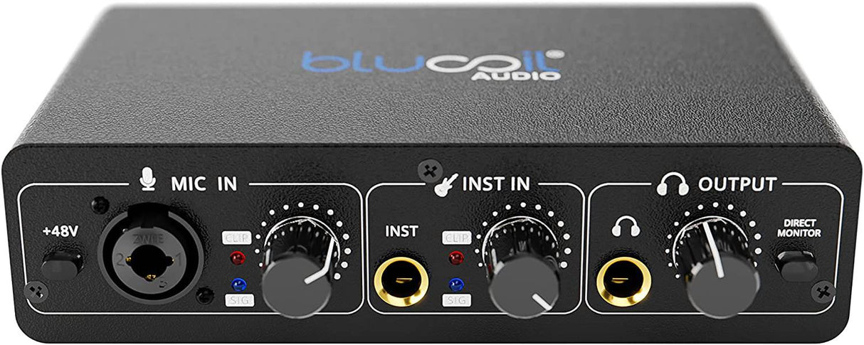 Blucoil - Interfaz de audio USB portátil con alimentación fantasma de 48 V, alimentación de bus USB, monitoreo directo de baja latencia para grabación de estudio en casa, transmisión, juegos y podcasting en Windows y Mac