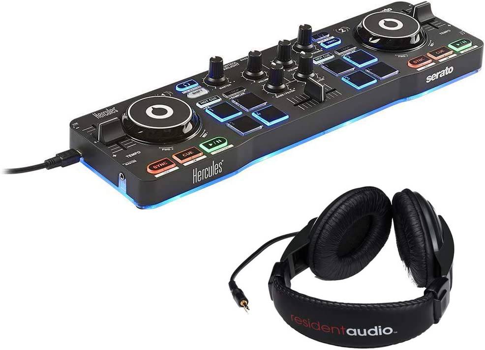 Hercules DJControl Starlight con luz LED y paquete de auriculares estéreo Resident Audio R100