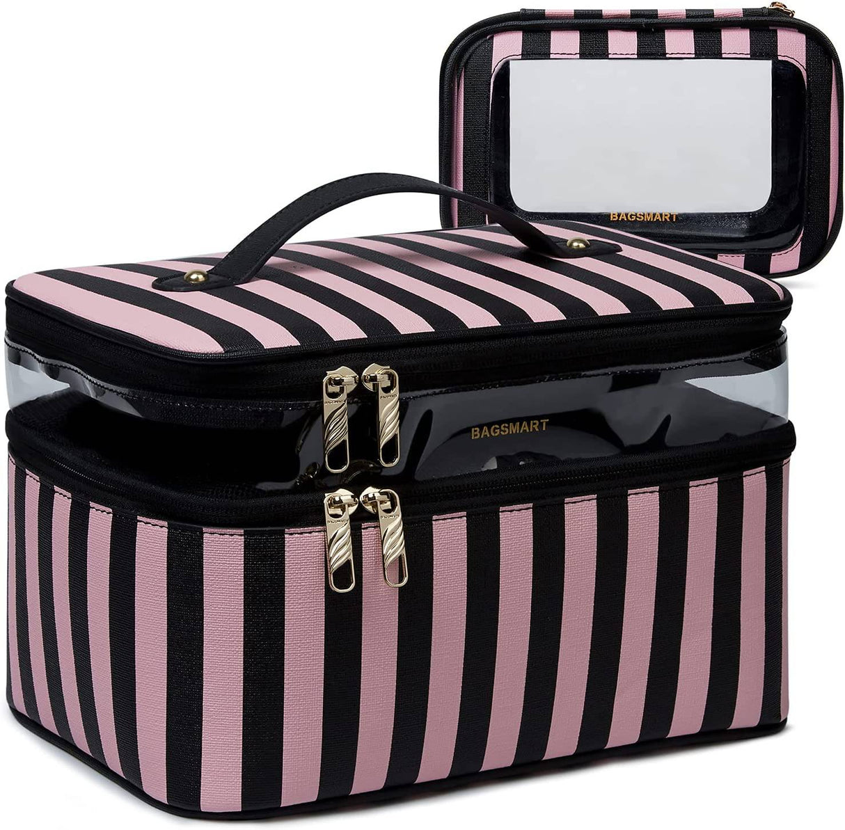 BAGSMART - Bolsa de maquillaje grande, estuche de viaje con bolsa de aseo transparente, organizador de maquillaje de doble capa con divisores ajustables, bolsa de almacenamiento portátil para artistas, rayas de cuero negro y rosa
