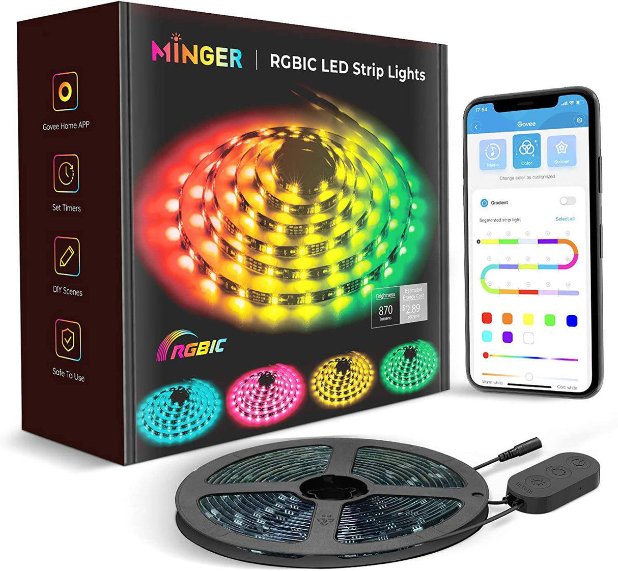 MINGER RGBIC - Tira de luces LED de 16.4 pies, luces LED que cambian de color con Bluetooth, control de aplicación segmentado, sincronización de música multicolor, modo de bricolaje para fiesta de Navidad, dormitorio, cocina, bar - DIGVICE MX