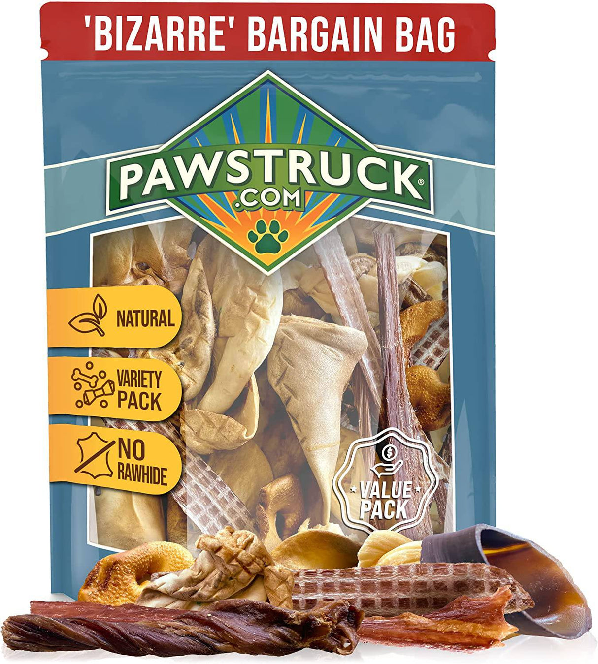 PAWSTRUCK - Bizarre Bargain Bag, surtido de golosinas naturales para perros, masticables de larga duración para todas las razas, orejas de animales, huesos y cecinas para cachorros y perros mayores, alternativa de cuero crudo para masticadores agresivos - DIGVICE MX