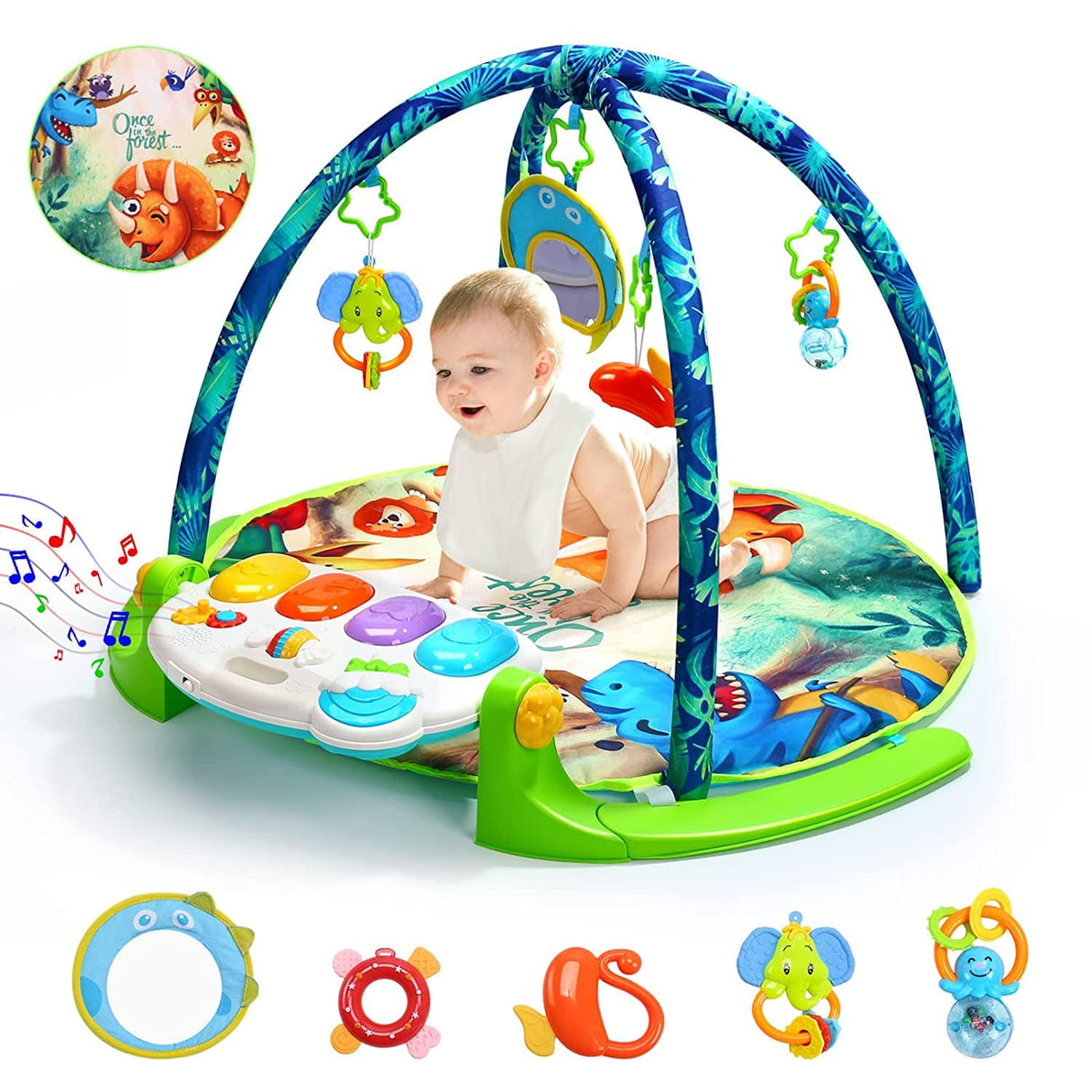 HOLYFUN Baby Gym Play Mat, Kick and Play Piano Gym con 5 juguetes sensoriales para morder, multifuncional Tummy Time Round Playmats, Centro de actividades musicales Regalo de desarrollo temprano para recién nacidos y niños pequeños - DIGVICE MX