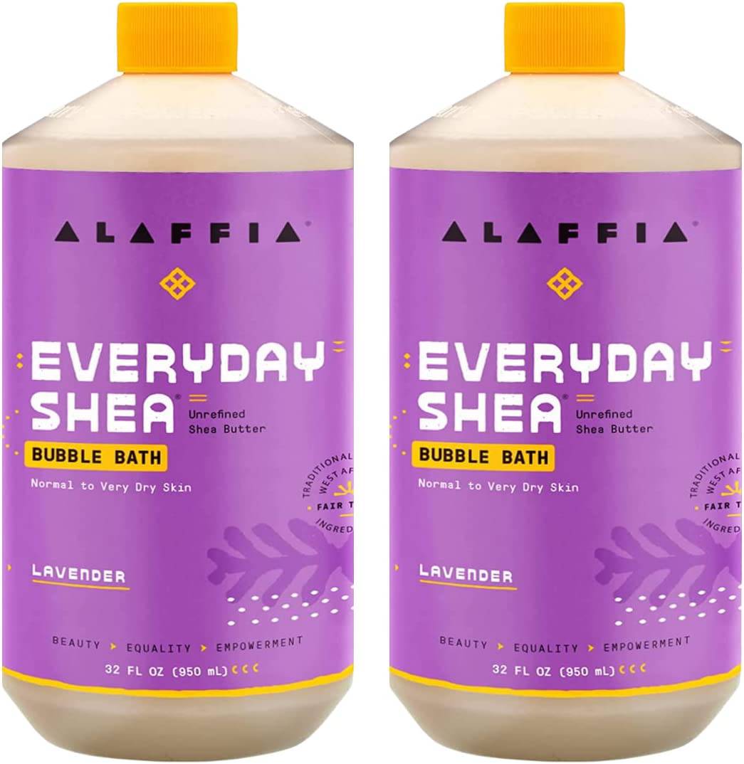 Alaffia Everyday Shea Bubble Bath, limpia, calma e hidrata la piel, fabricado con manteca de karité de comercio justo, libre de crueldad animal, sin parabenos, vegano, lavanda, paquete de 2 – 32 onzas líquidas cada uno