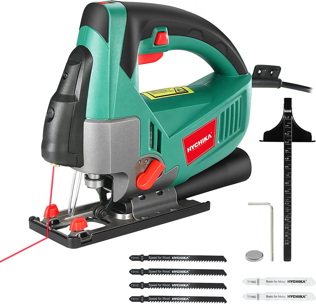 Sierra de calar HYCHIKA, sierra de calar orbital de 6 amperios 750 W 800-3000 SPM con 6 cuchillas de corte, 6 velocidades variadas y 4 juegos orbitales, bisel de ± 45 °, guía láser - DIGVICE MX