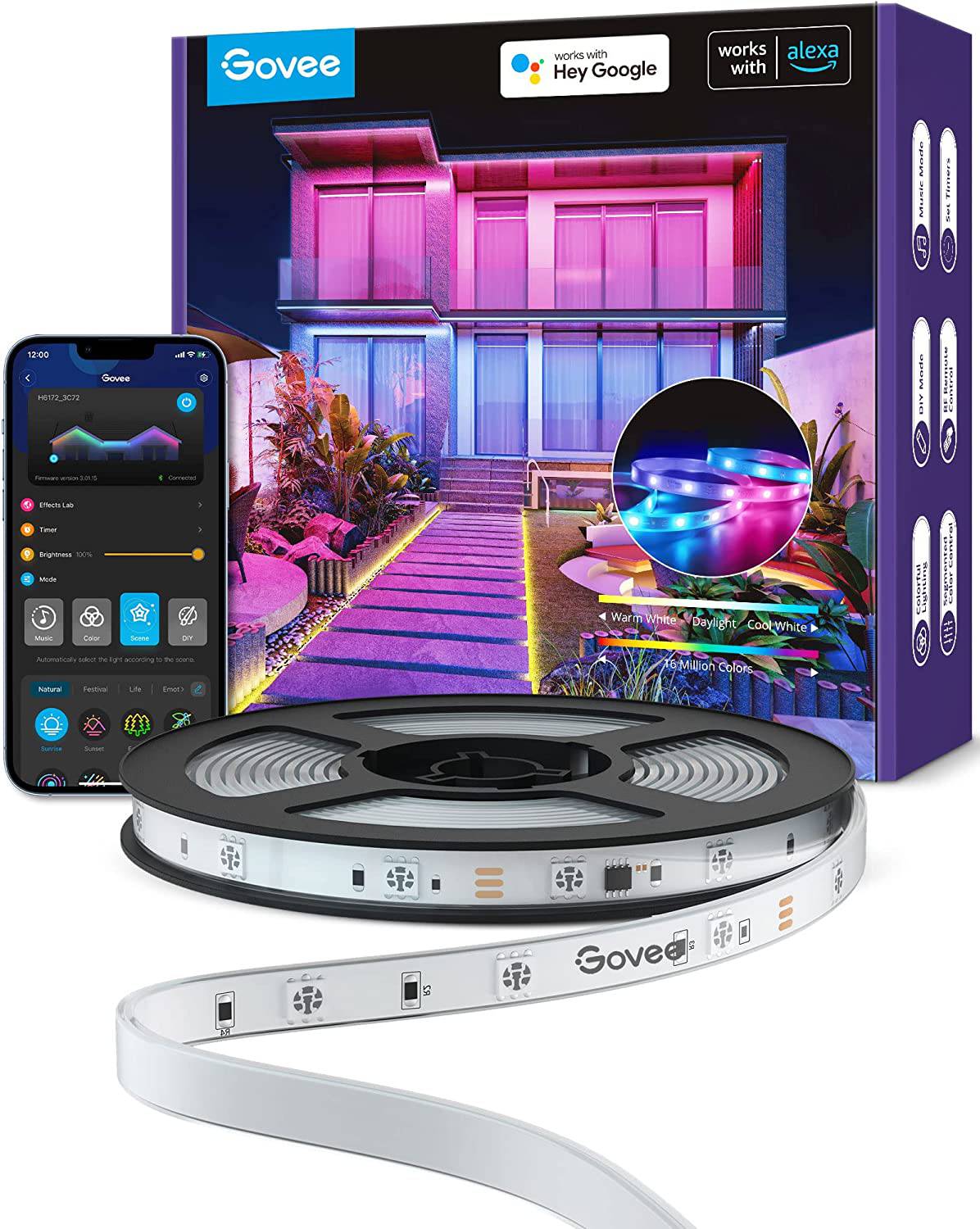 Govee RGBIC Tira de luces LED para exteriores, luces para exteriores de 32.8 pies que funcionan con Alexa y Google Assistant, tira de luces impermeable IP65 con control de aplicaciones, 64 modos de escena - DIGVICE MX