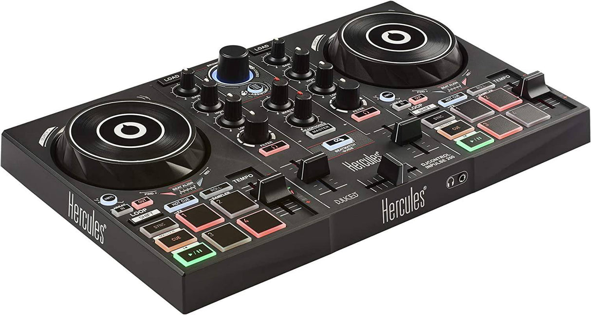 Hercules DJControl Inpulse 200 - Controlador de DJ con USB, ideal para principiantes aprendiendo a mezclar - 2 pistas con 8 pads y tarjeta de sonido - Software y tutoriales incluidos
