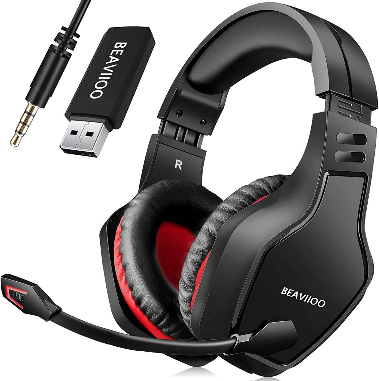 BEAVIIOO 2.4G Auriculares inalámbricos para juegos con micrófono para PC PS4 PS5 Playstation 4 5, Auriculares inalámbricos Bluetooth USB para juegos con micrófono para computadora portátil, 50 horas de reproducción