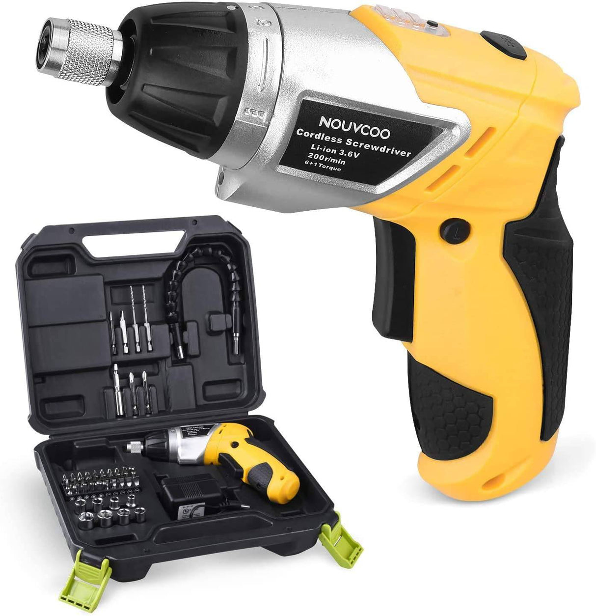 Destornillador eléctrico inalámbrico, NOUVCOO 47 piezas de pistolas de tornillo recargables con luces LED integradas, 7 ajustes de par, batería de iones de litio de 3,6 V 1300 mAh, accesorios completos para bricolaje doméstico, amarillo - DIGVICE MX