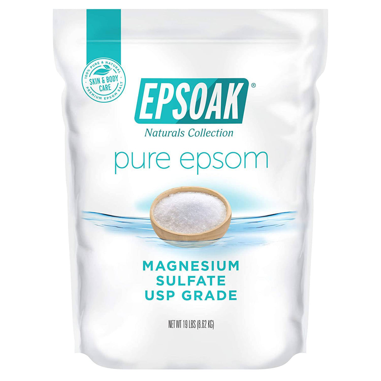 Epsoak Epsom Salt Bolsa a granel de 19 lb Sulfato de magnesio USP