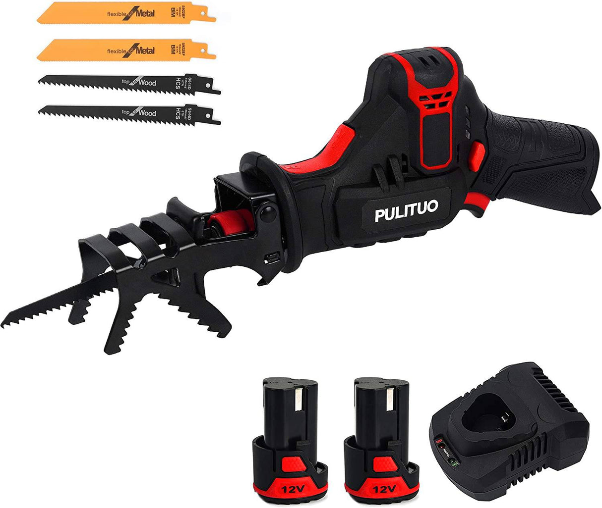 Sierra recíproca inalámbrica PULITUO de 12 V con mordaza de sujeción, 2 baterías de iones de litio de 2,0 Ah, cargador rápido de 1 hora, 4 hojas de sierra para corte de PVC de madera y metal - DIGVICE MX