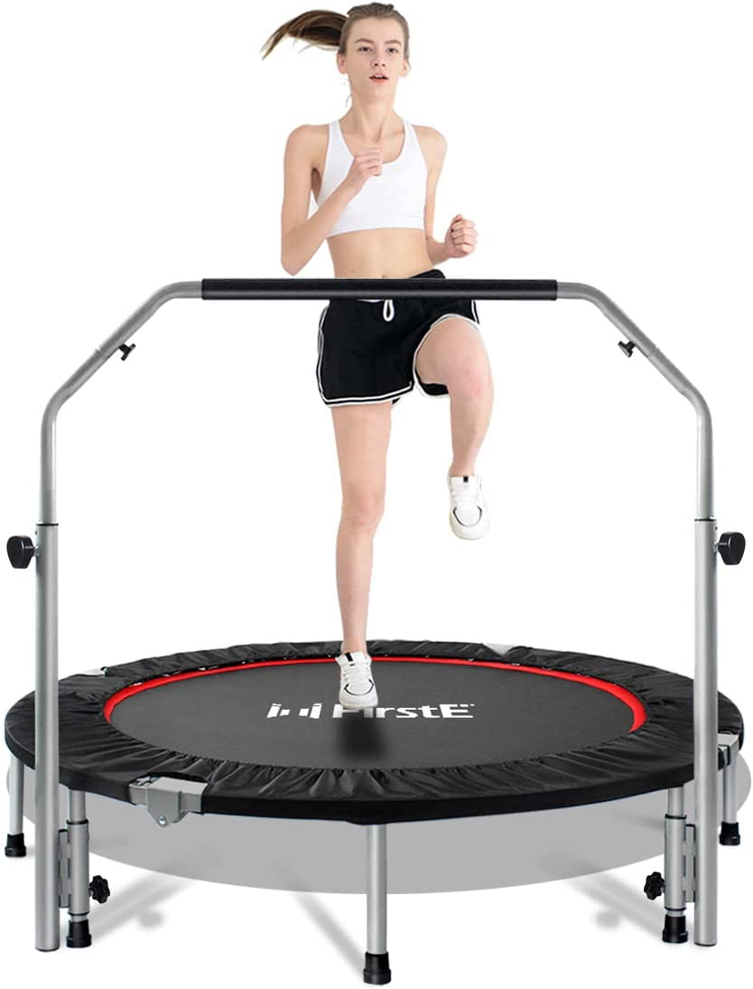 FirstE - Trampolines de fitness plegables de 48 pulgadas con pasamanos de espuma de altura ajustable de 4 niveles, trampolín de salto para niños y adultos en interiores y exteriores, carga máxima de 440 libras